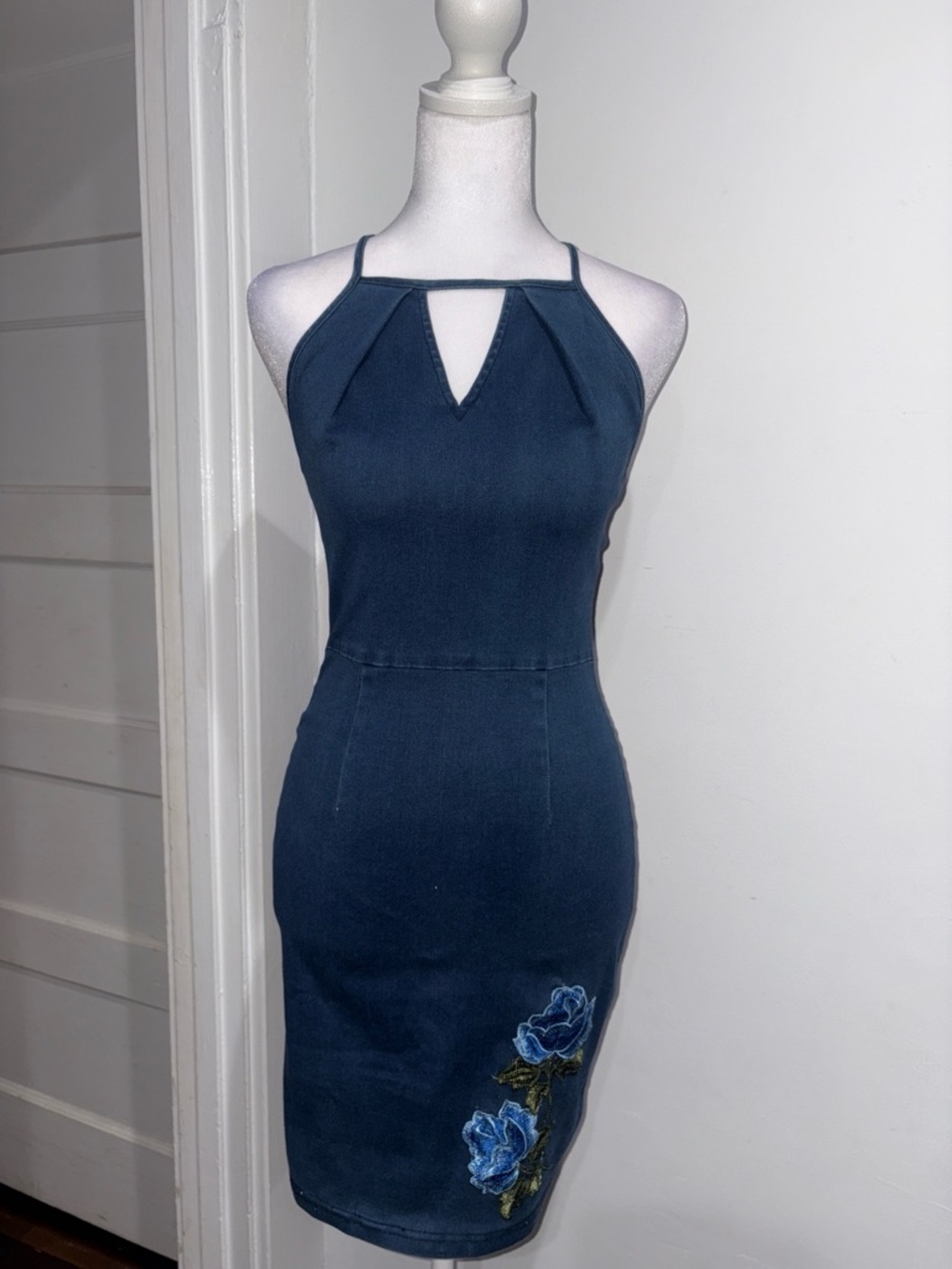 Navy Halter Dress with Blue Rose Appliqué